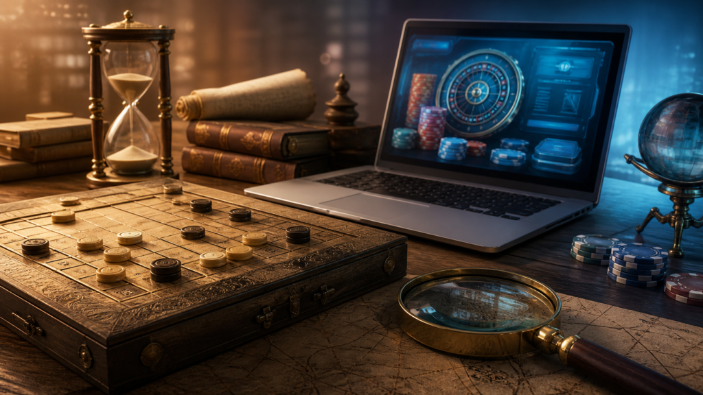 Classic strategy board and hourglass beside a modern casino platform