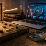 Classic strategy board and hourglass beside a modern casino platform