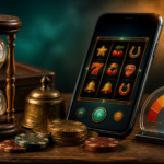 Vintage hourglass beside a mobile slot game and responsible limit gauge