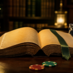 Old rulebook, casino chips and magnifying glass for reading credit rules